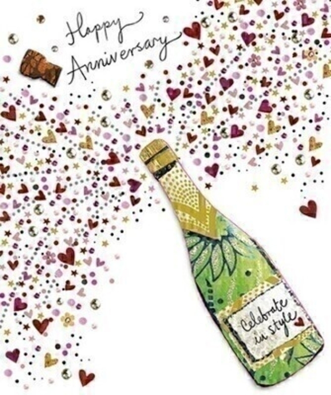 This Anniversary greetings card from Paper Rose is decorated with a bottle of fizz popping its cork covering the card with red and gold hearts and Happy Anniversary written on the front. The card is perfect to send to someone celebrating their Anniversary and it has Love and Best Wishes For Another Happy Year written on the inside. Comes complete with a red envelope.